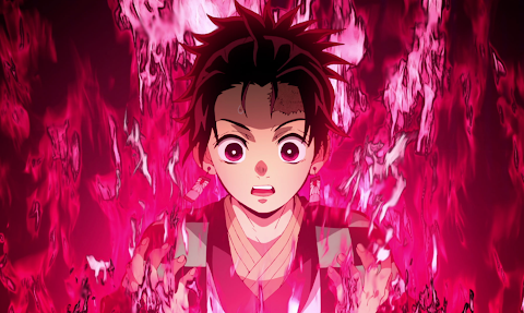 an anime character with spikey brown hair surrounded by pink flames