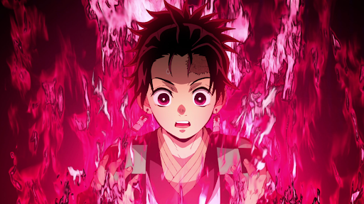 an anime character with spikey brown hair surrounded by pink flames