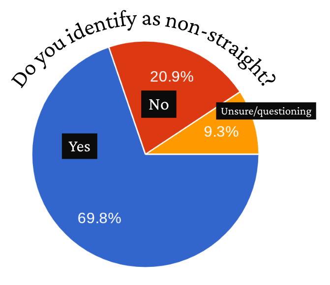 A Pie chart where 69.8% of campers said they identify as non-straight, 20.9% that don't identify as non-straight, and 9.3% who are unsure or questioning